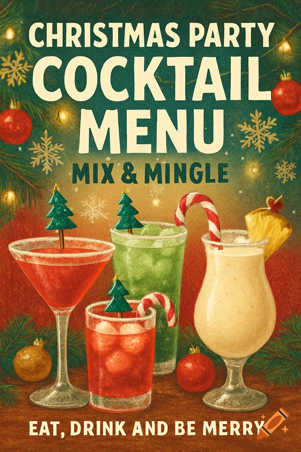 A vintage-style Christmas party cocktail menu poster features festive drinks, evergreen branches, snowflakes, and ornaments.