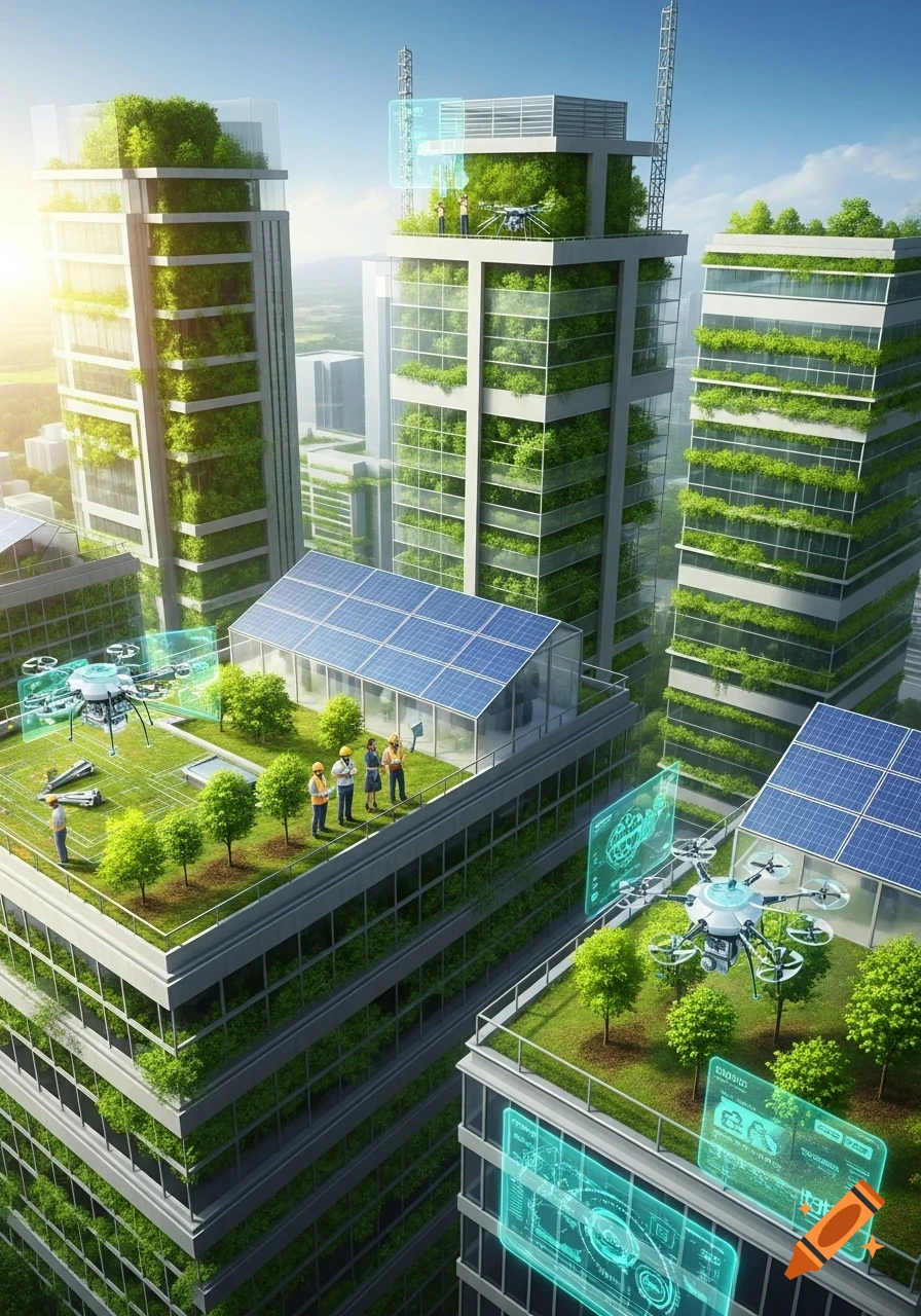 Photorealistic aerial view of modern green buildings with solar panels, rooftop gardens, and drones in a futuristic city.