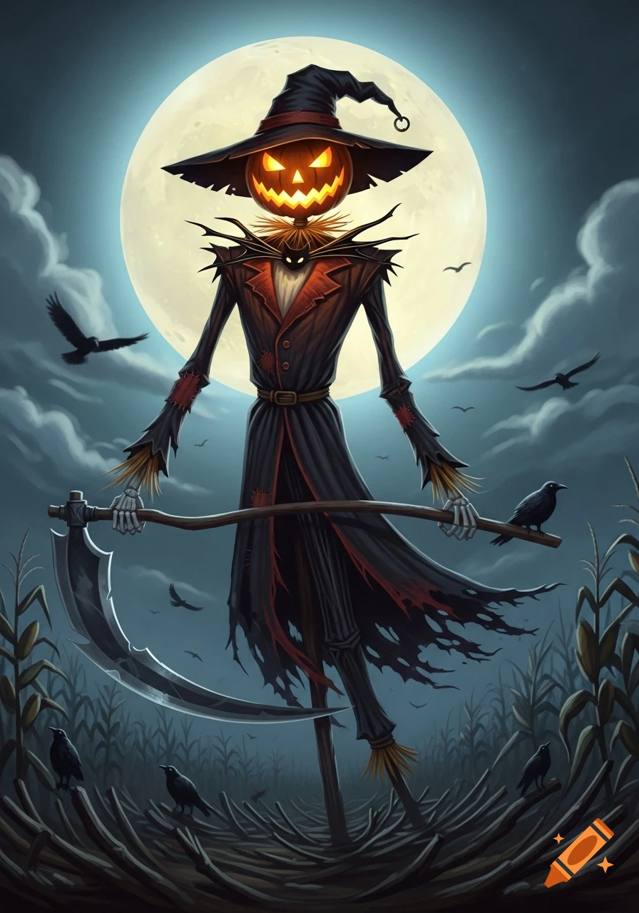 A spooky Jack-o'-lantern scarecrow resembling Jack Skellington, stands in a cornfield under a full moon, holding a scythe with crows.