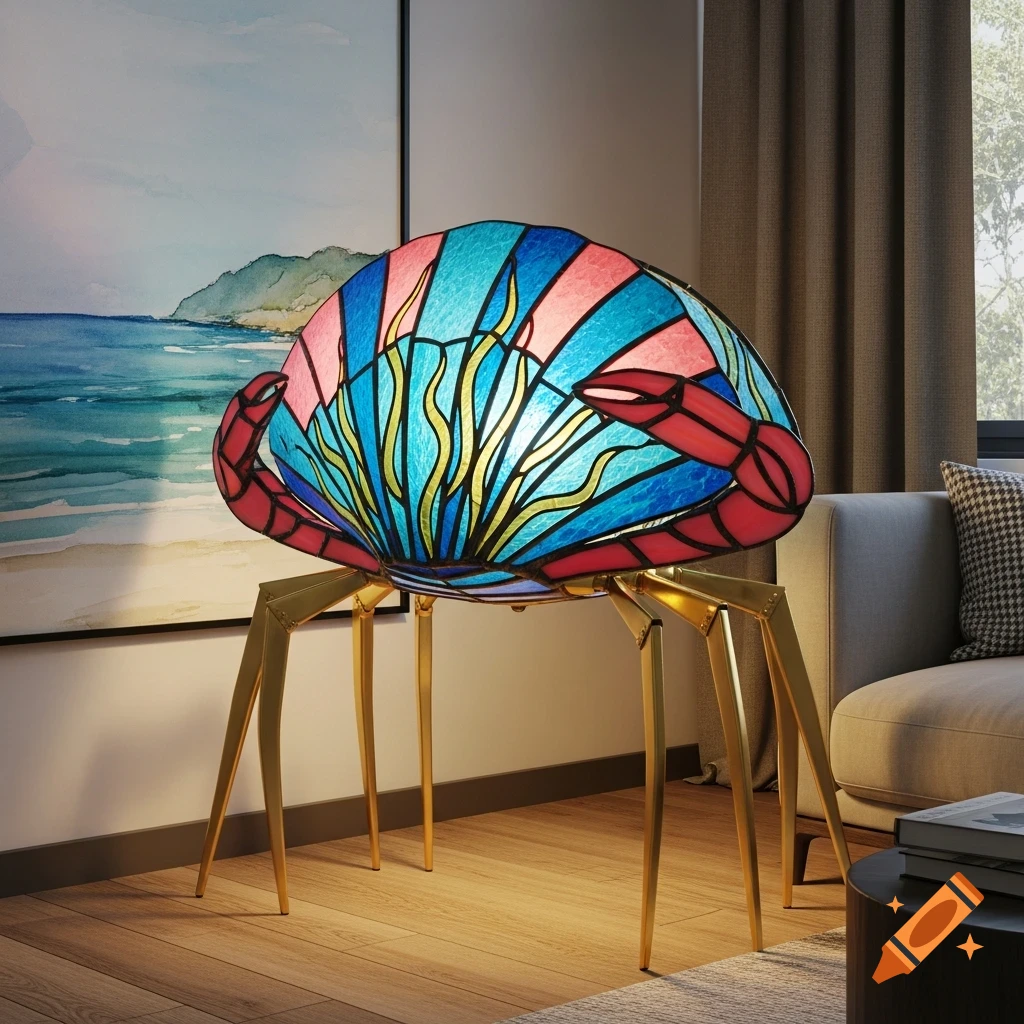 A stained glass crab-shaped lamp with golden legs in a modern living room setting.