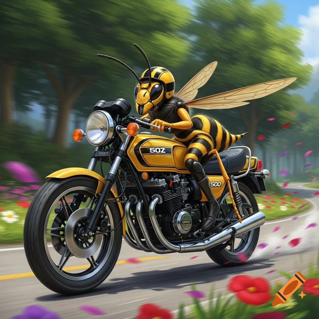 A cartoon wasp wearing a helmet rides a yellow motorcycle down a winding road with trees and flowers.