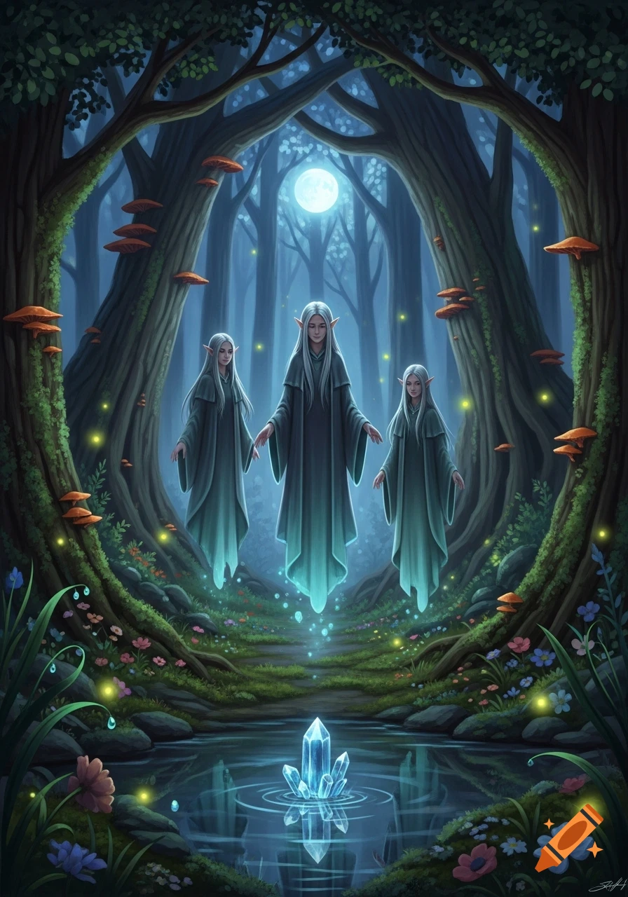 Three ethereal elves float above a glowing crystal in a mystical, moonlit forest, surrounded by fireflies and mushrooms.