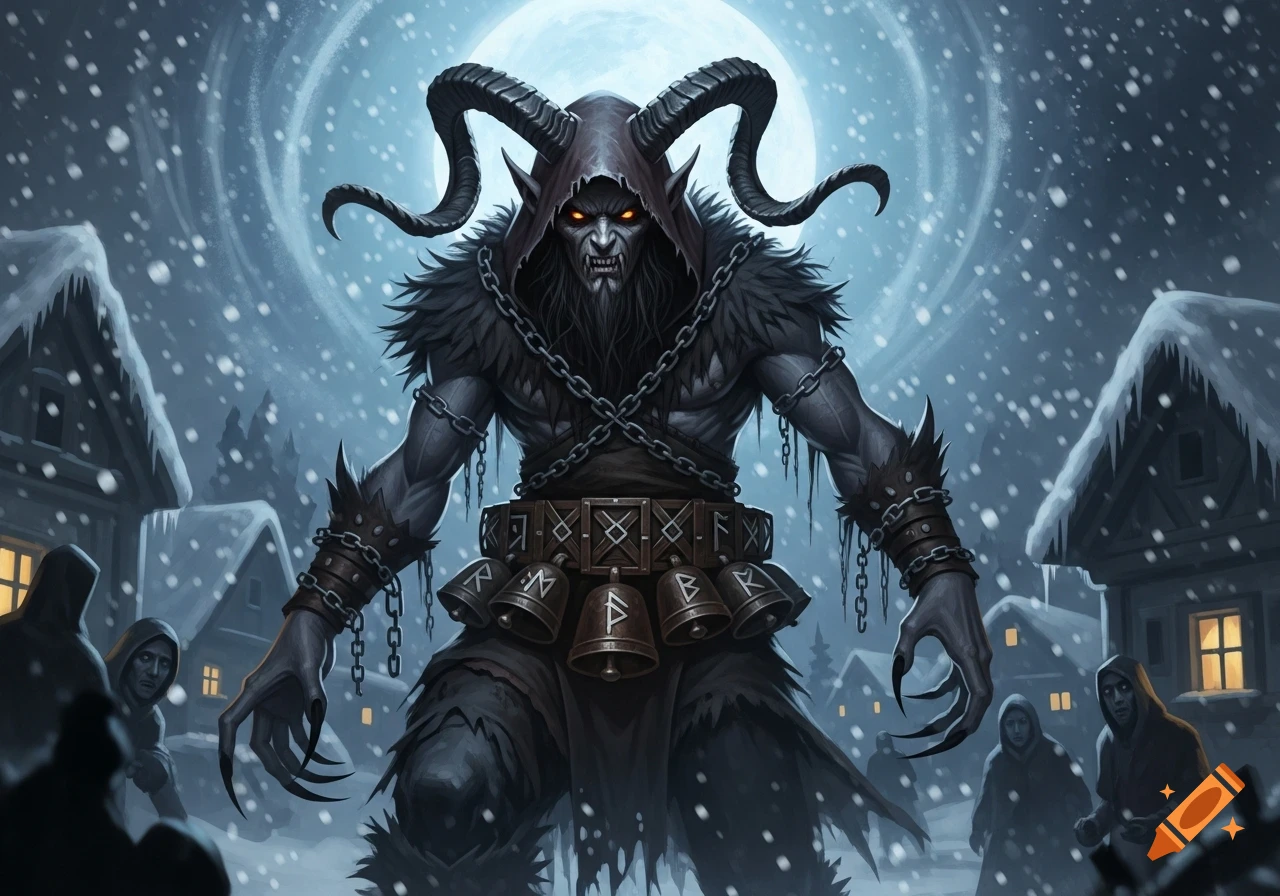 A menacing Krampus with large horns, chains, and bells stands in a snowy village under a full moon, surrounded by hooded figures.