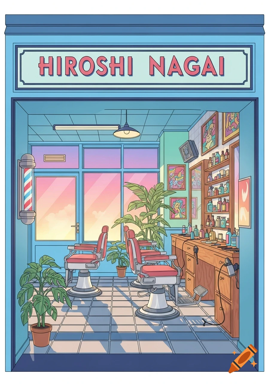 Stylized barbershop in Hiroshi Nagai's art style, with two red chairs, plants, a barber pole, and a sunset visible through large windows.