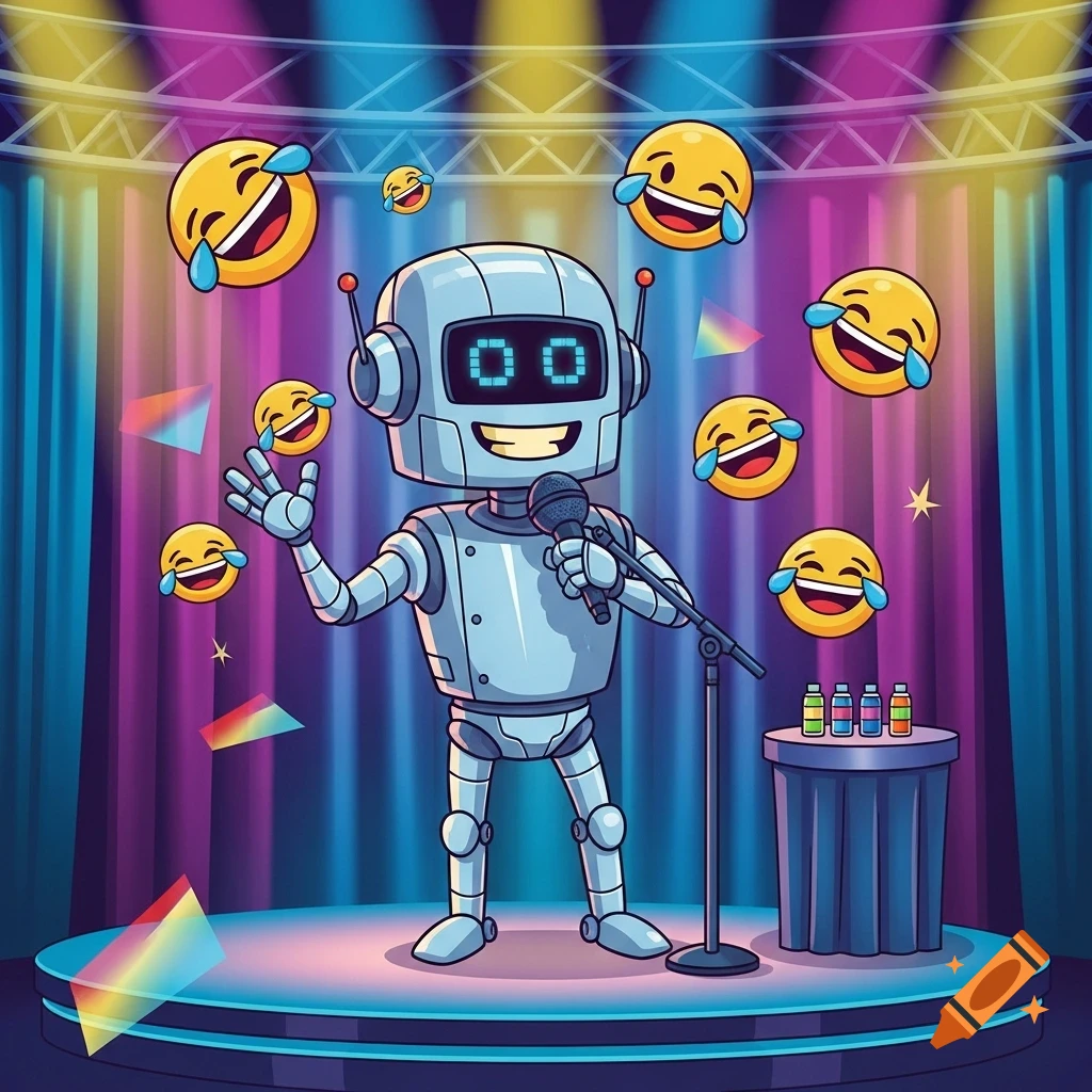 A friendly cartoon robot holding a microphone performs stand-up comedy on a colorful stage, surrounded by floating laughing emojis.