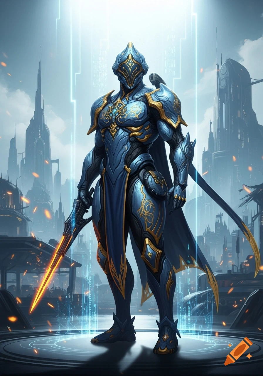 A futuristic warrior in ornate blue and gold armor stands with a ...