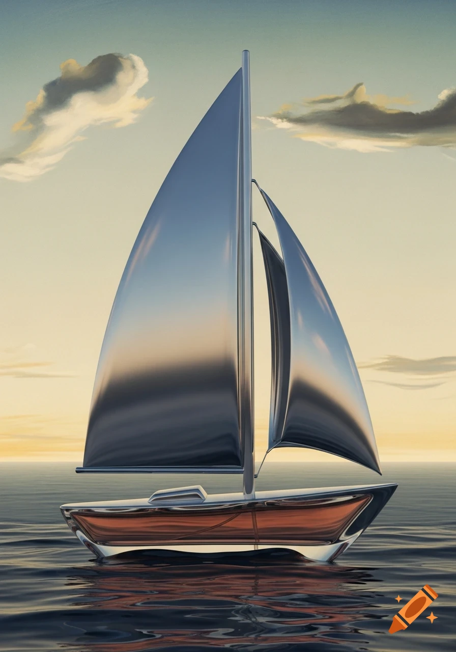 A 3D rendered sailboat, stylized like a metallic and glass perfume bottle, floats on calm water under a soft, cloudy sky at sunset.