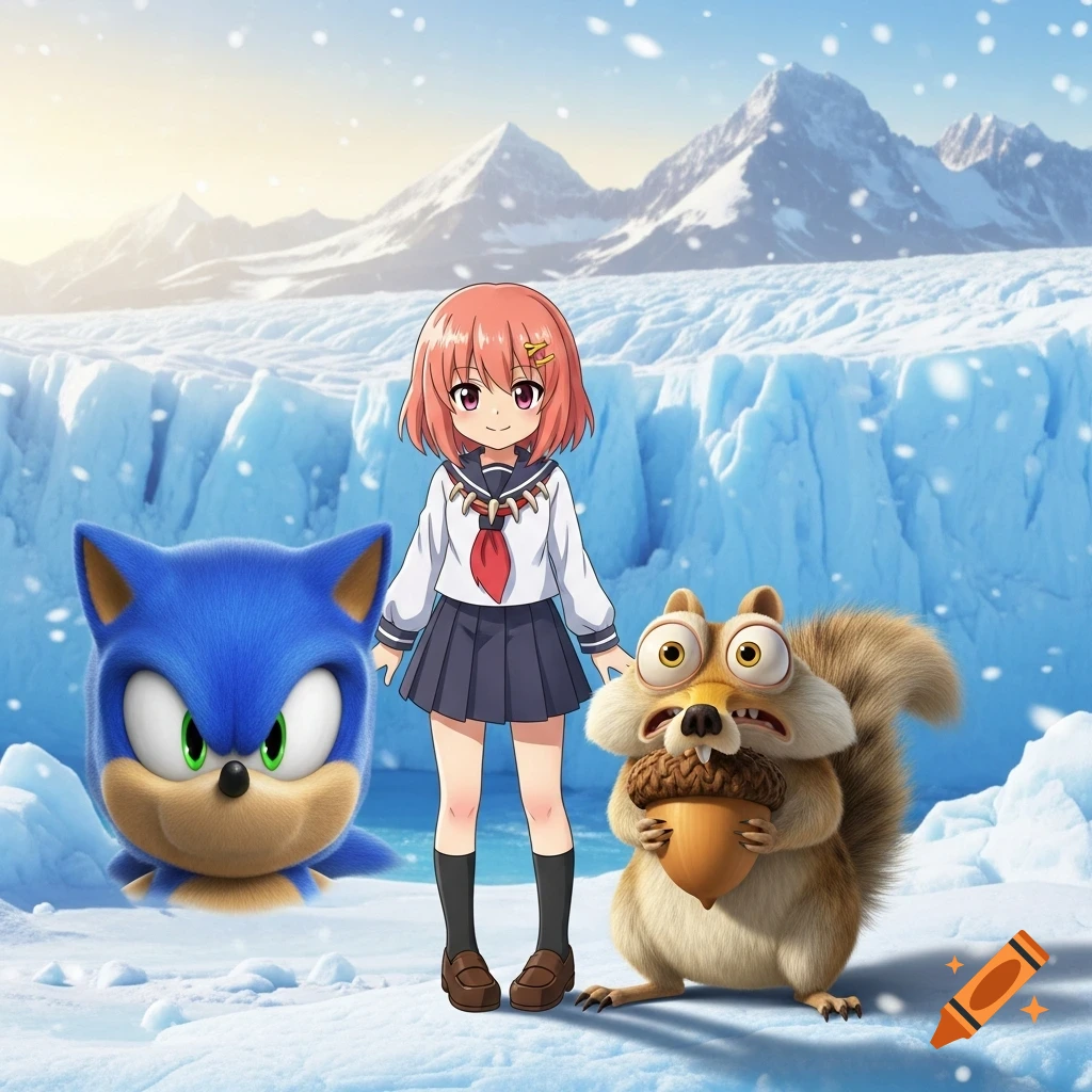 Anime girl Sayori, Sonic the Hedgehog, and Scrat from Ice Age pose in a snowy, icy mountain landscape.