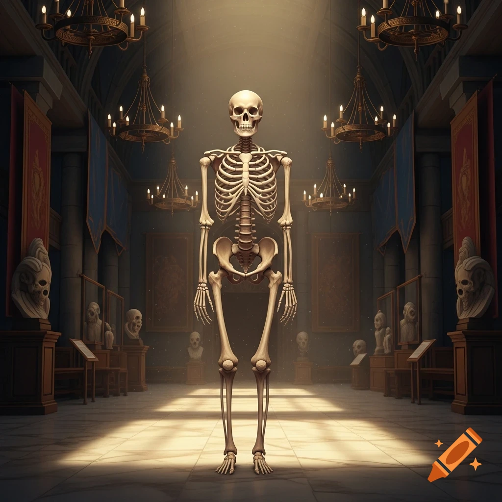A full human skeleton stands in a grand, dimly lit hall with chandeliers and sculptures.