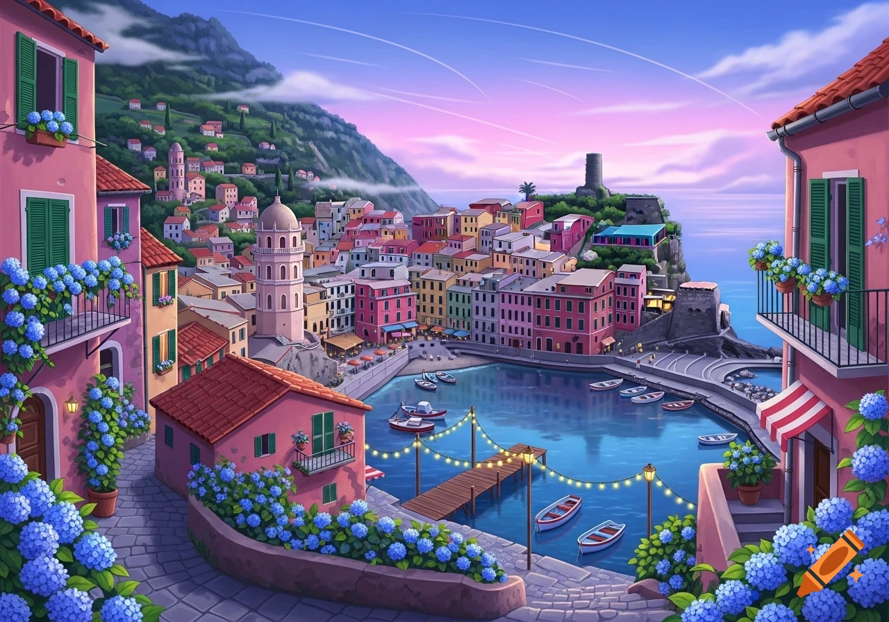 Vibrant illustration of a colorful coastal town nestled on a hillside by a harbor, with boats, buildings, and blooming blue hydrangeas under a pink and blue sky.