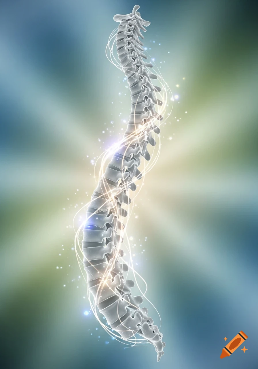 Stylized human spine with glowing energy lines and sparkling particles against a blue and green ethereal background.