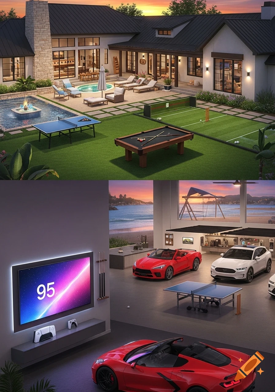 A luxurious house featuring a backyard with a pool, ping-pong, and billiard tables, and a garage with sports cars, a large TV showing "95", and a beach view.