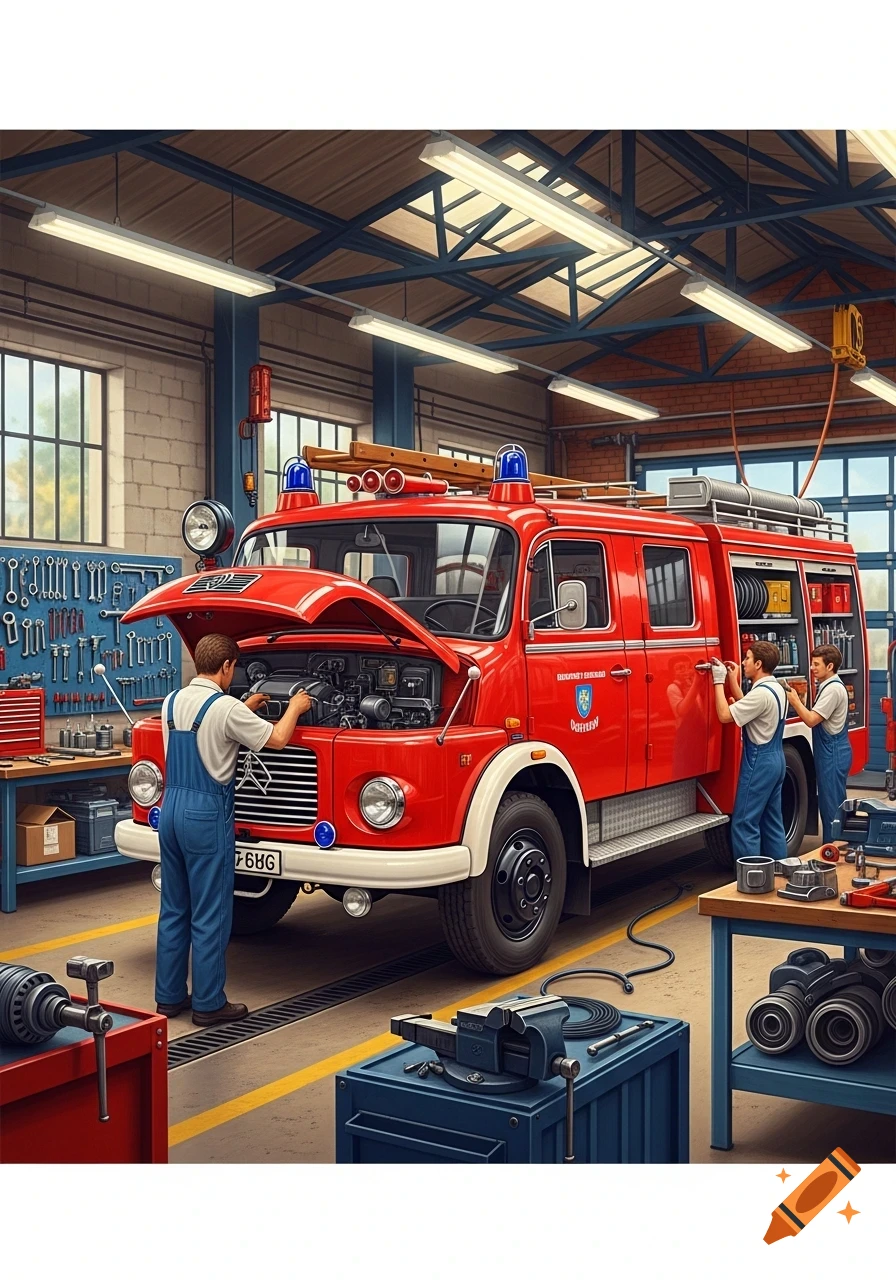 Three mechanics in blue overalls work on a red German fire truck with its hood open in a brightly lit workshop.