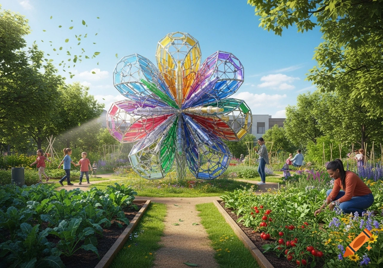 A vibrant community garden features a large, colorful flower sculpture made of recycled materials, with people tending plants and children playing under a sunny sky.