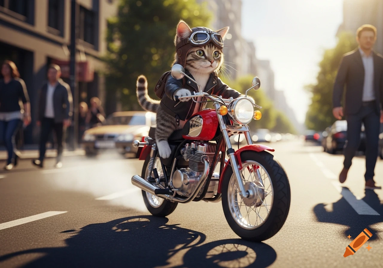 A photorealistic cat in a leather jacket and goggles rides a red motorcycle on a city street.