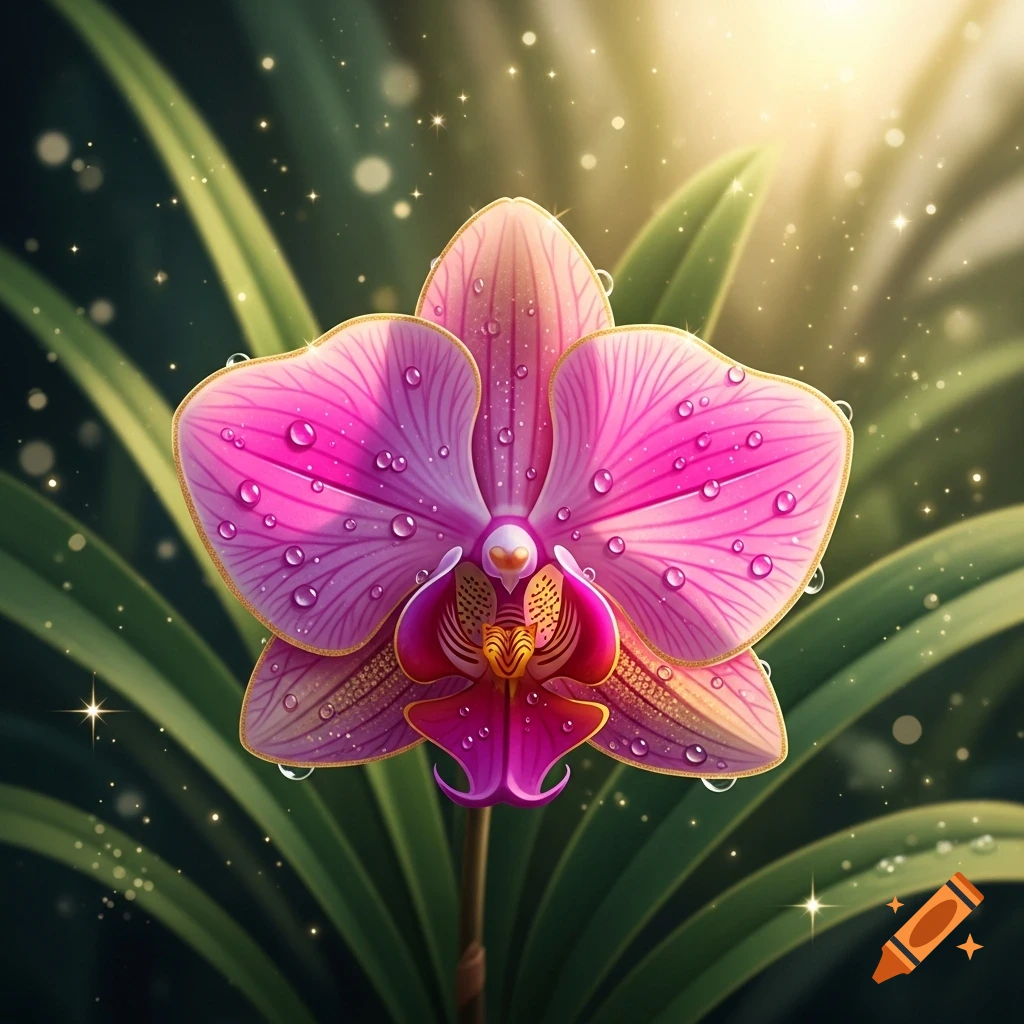 A vibrant pink orchid with gold-lined petals and glistening water droplets, surrounded by green leaves with a sunny glow.