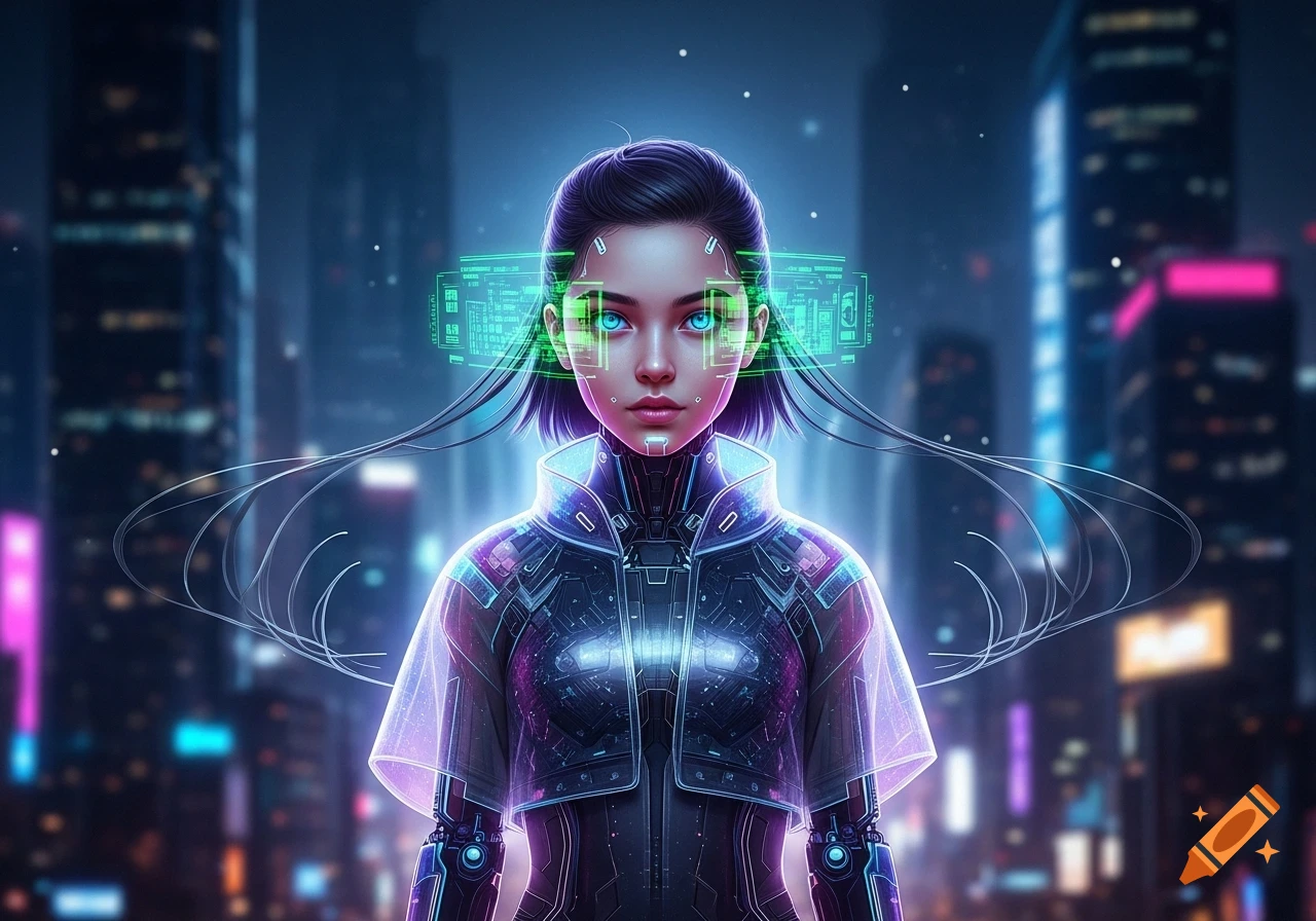 A futuristic female character with glowing blue eyes and a high-tech outfit, surrounded by neon lights in a cyberpunk city at night, digital art.