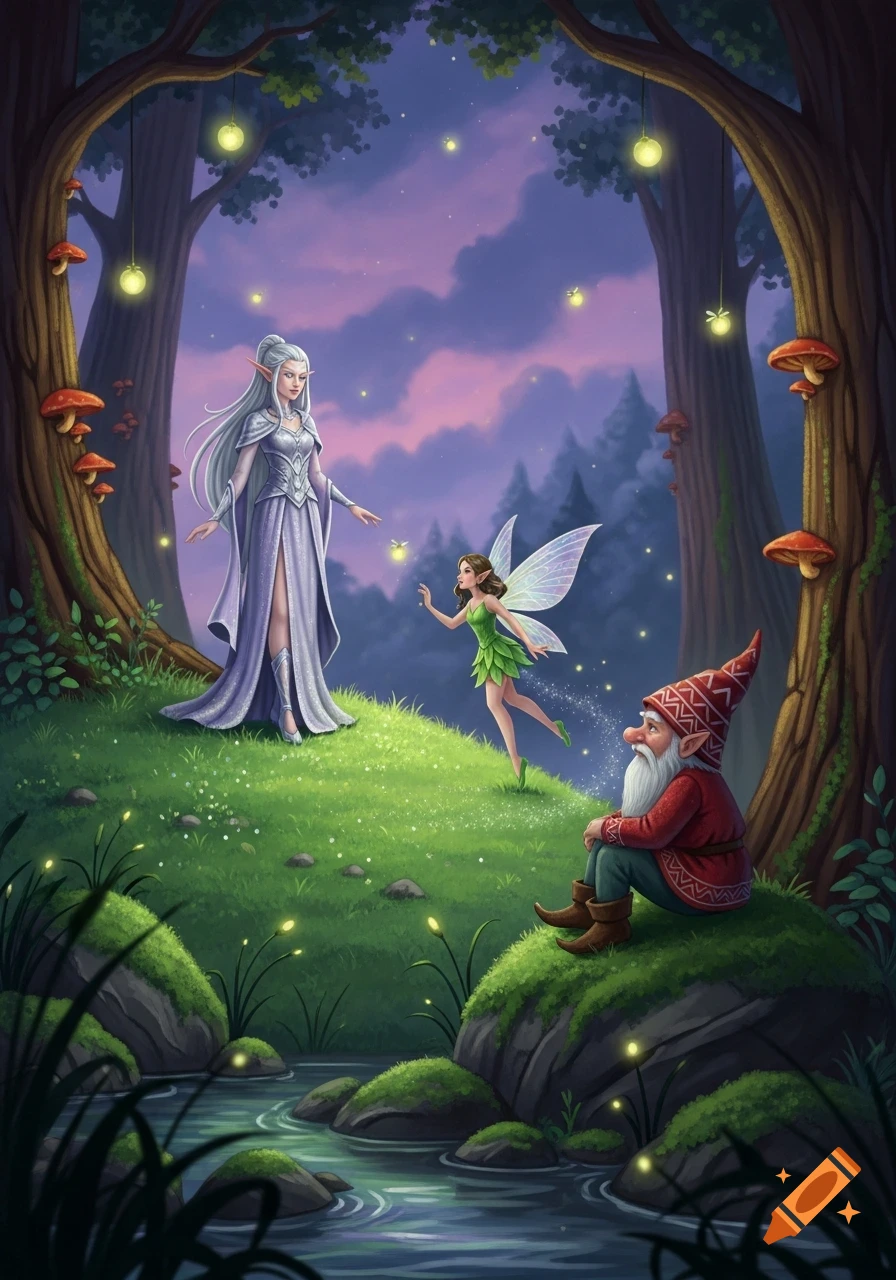 An elf, fairy, and gnome gather in an enchanted forest at dusk, surrounded by glowing mushrooms, fireflies, and a stream.