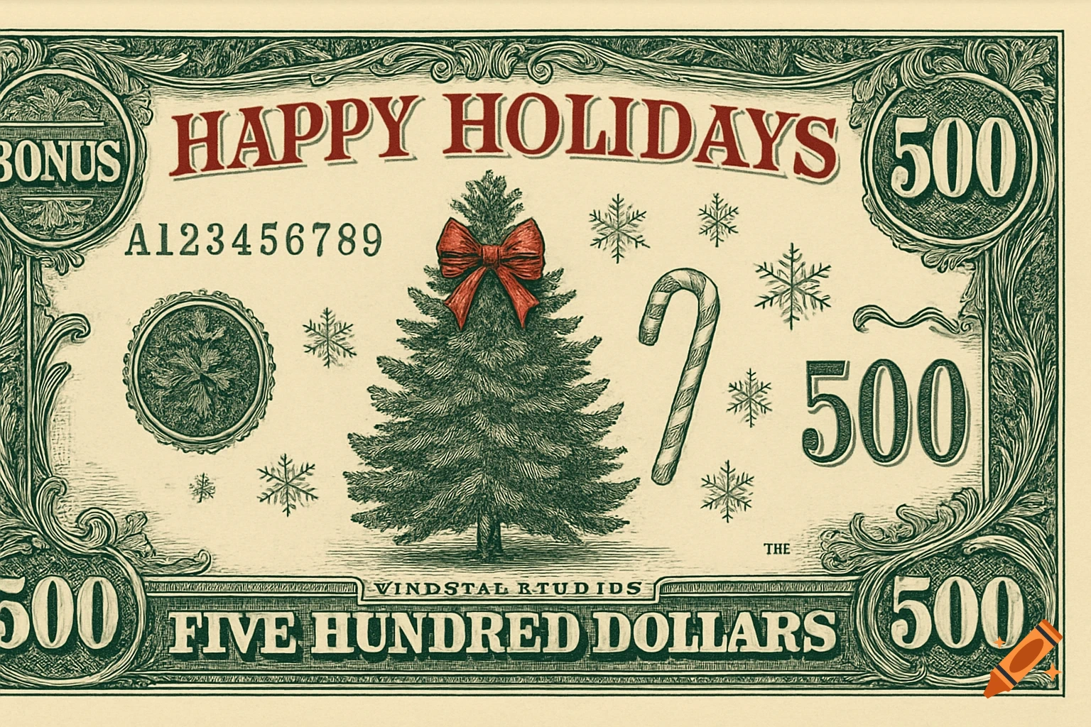 A holiday-themed novelty banknote in vintage US currency style, featuring a central Christmas tree with a red bow, snowflakes, and a candy cane. Text reads "HAPPY HOLIDAYS" and "FIVE HUNDRED DOLLARS" with "BONUS" and "500" details.