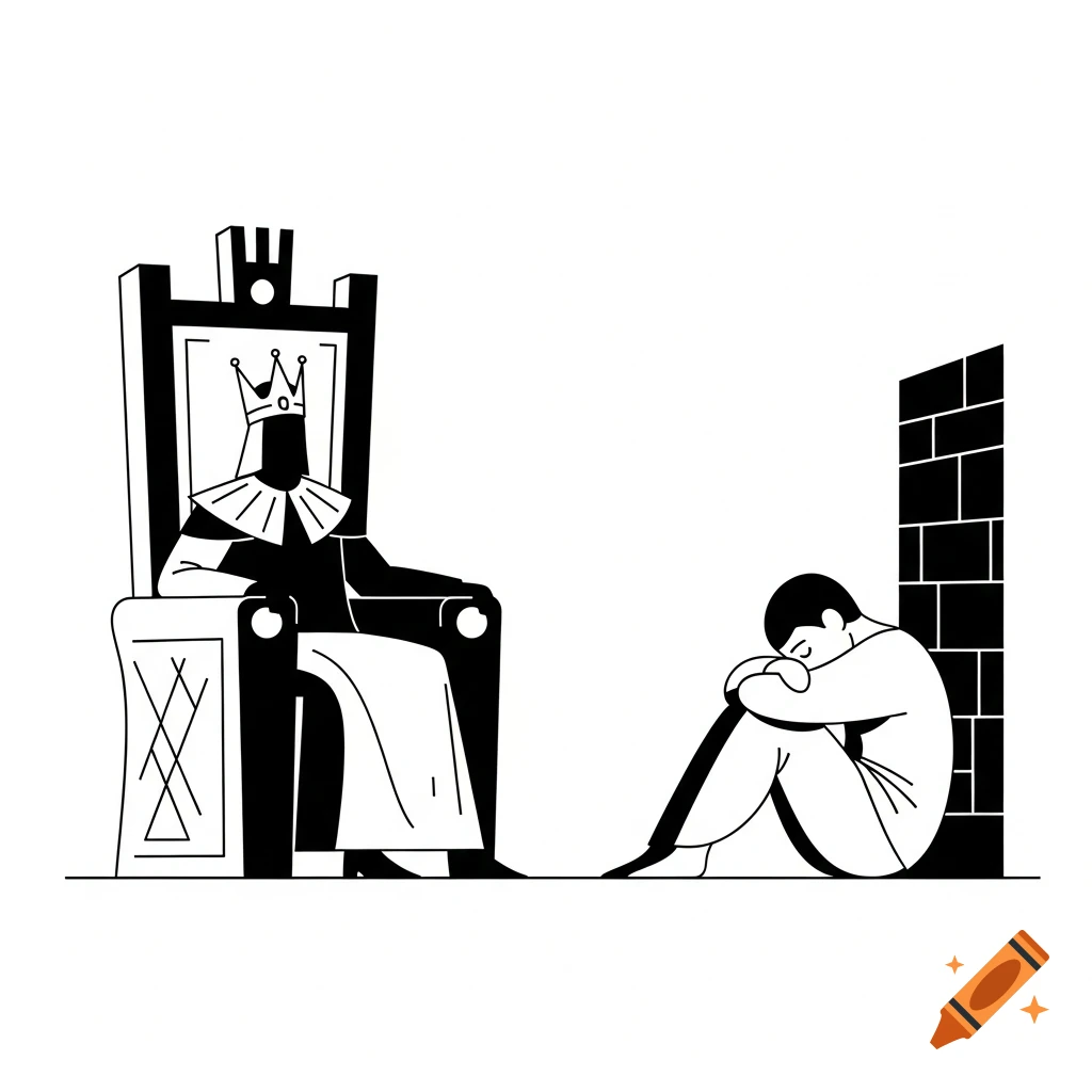 Black and white minimalist illustration of a crowned king on a throne observing a dejected person huddled against a brick wall.