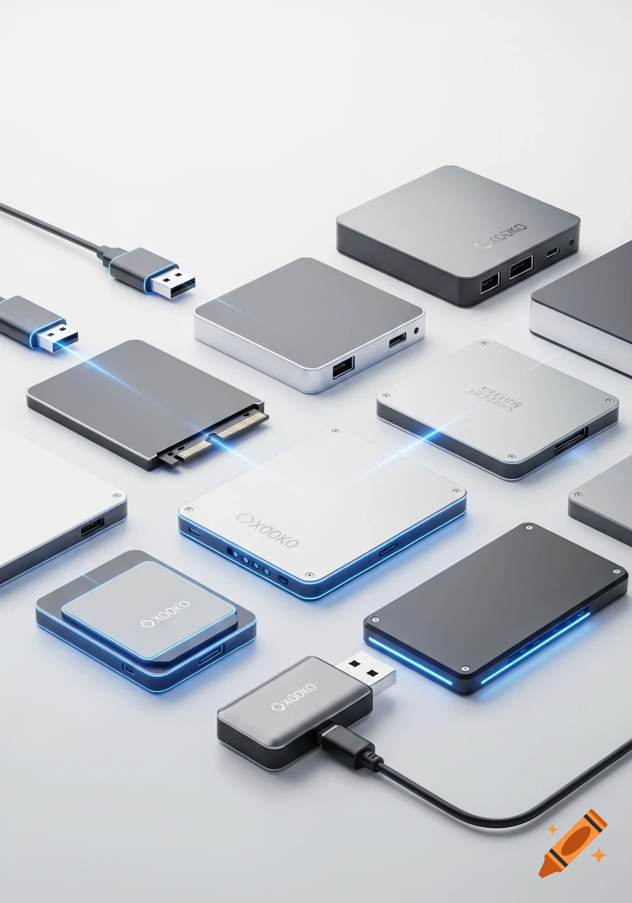 Multiple gray and silver electronic storage devices, USB drives, and cables with blue glowing accents are arranged on a white surface.