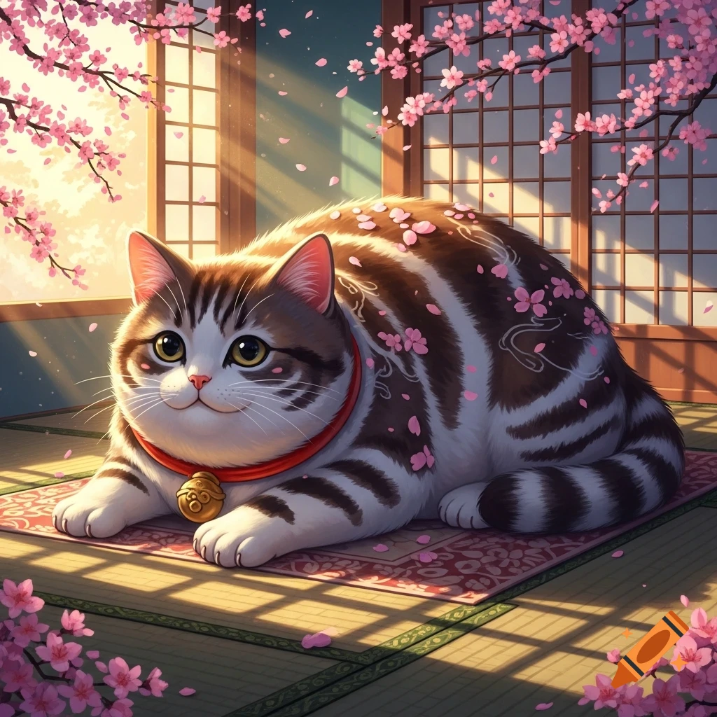 A cute, fluffy tabby cat with a red collar and bell lies on a mat, covered in pink cherry blossoms, in a bright Japanese-style room.