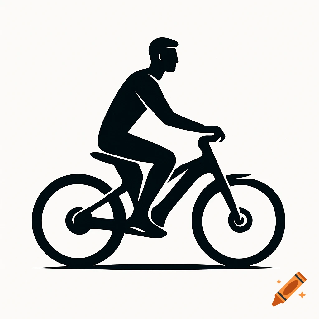 Black silhouette of a man riding a bicycle in a modern, minimalistic logo style.