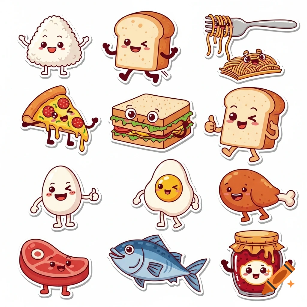 A collection of colorful and cute cartoon food stickers including rice, bread, pasta, pizza, sandwich, egg, chicken, meat, fish, and jam.