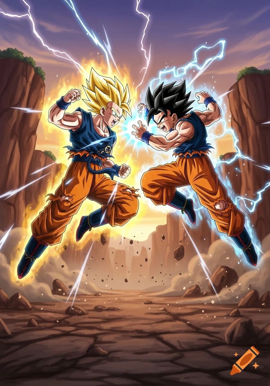 Anime characters Goku and Gohan in powerful combat, surrounded by lightning and energy in a rocky landscape.