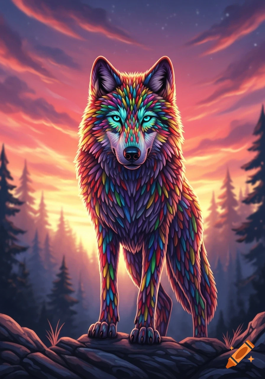 A vibrant, rainbow-colored wolf with fur like crayons stands on a rock at sunset amidst pine trees.
