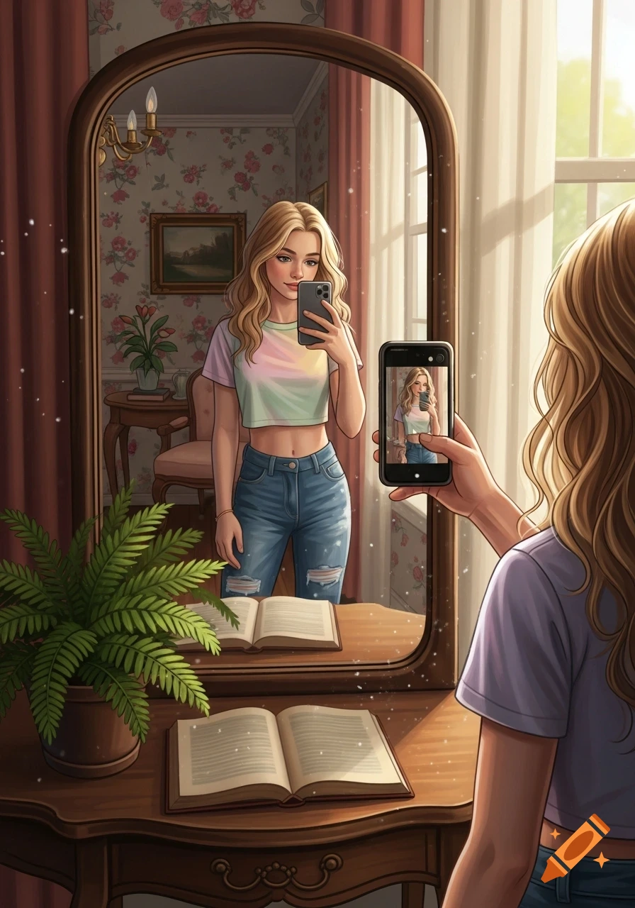 An illustrated blonde girl in a crop top and jeans takes a mirror selfie in a room with floral wallpaper and a plant on a wooden table.
