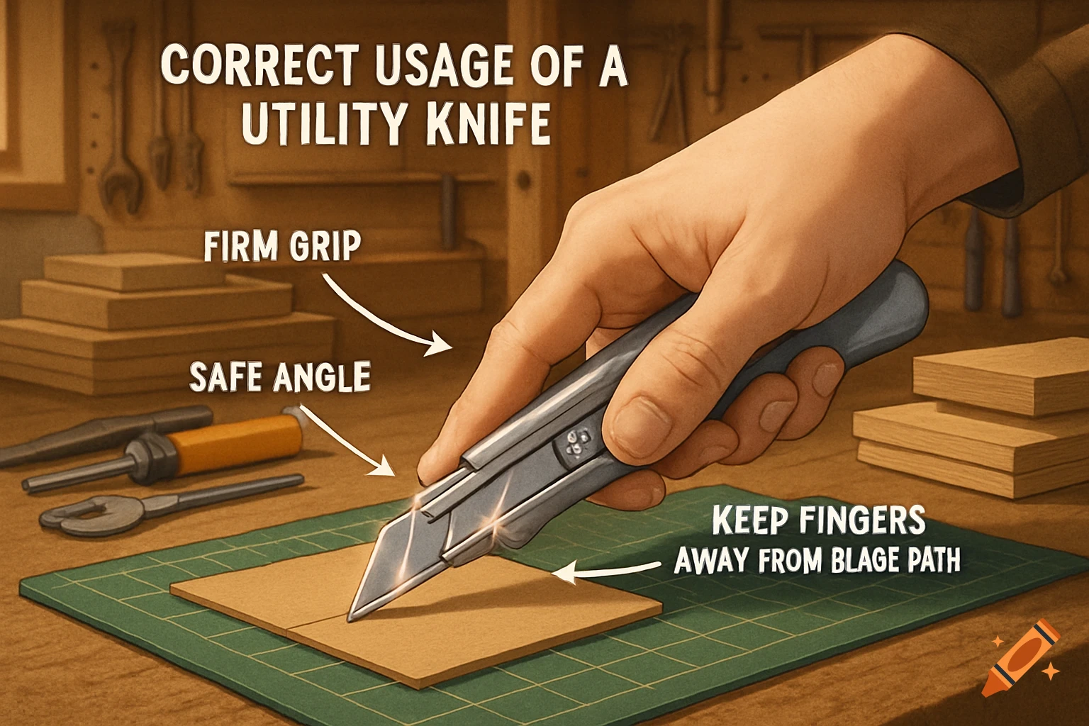Illustrated guide demonstrating safe usage of a utility knife cutting cardboard on a green mat, with arrows pointing to safety tips.