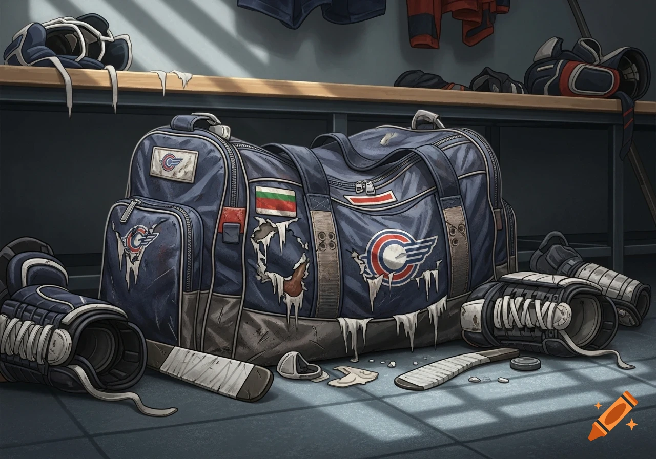 A damaged blue hockey bag sits on the floor of a locker room with hockey sticks, pads, and pucks around it, in an illustrated style.