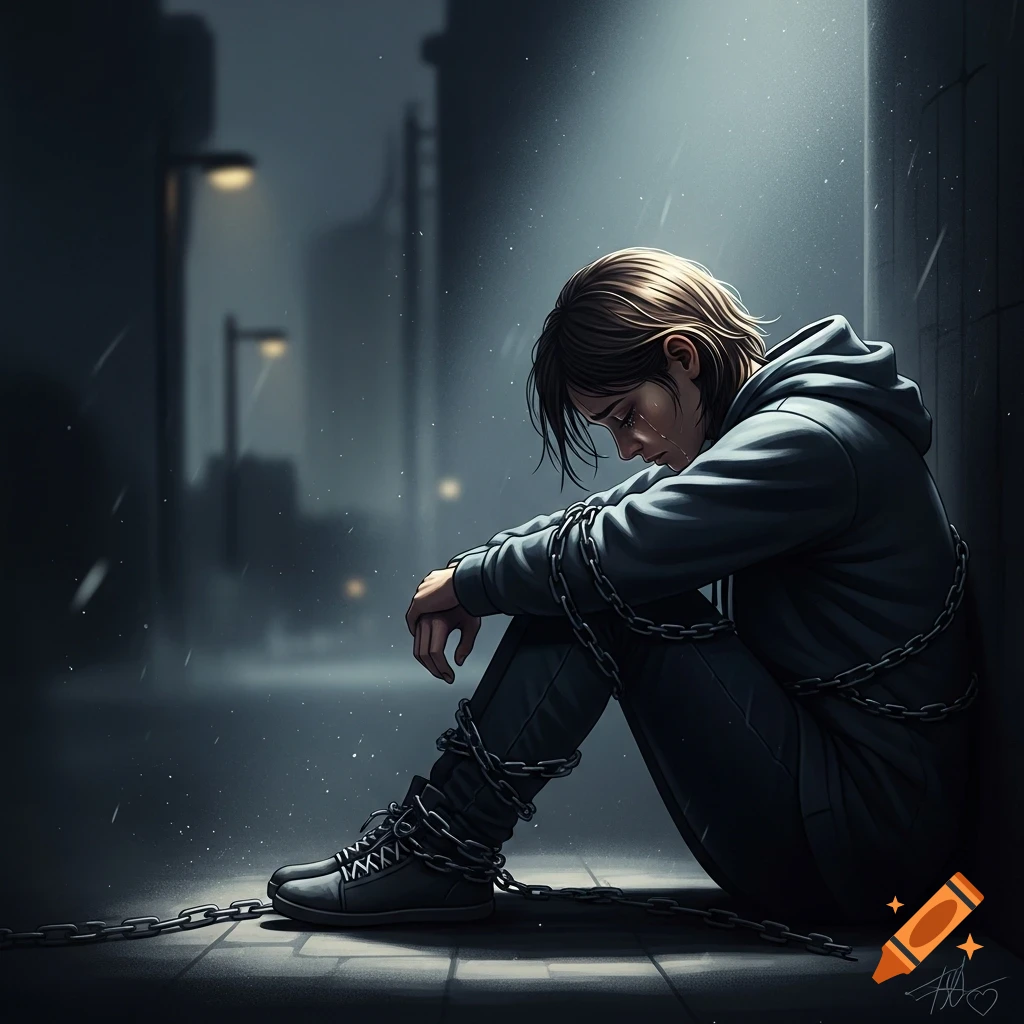 A sad, chained person sits slumped with their head down in a dark, rainy urban alley, conveying deep despair in a realistic, dramatic style.