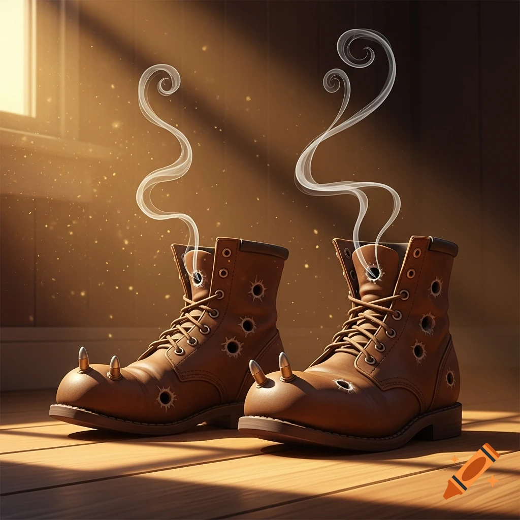 A pair of brown boots with bullet holes and bullets, smoke rising, on a wooden floor in Pixar style.