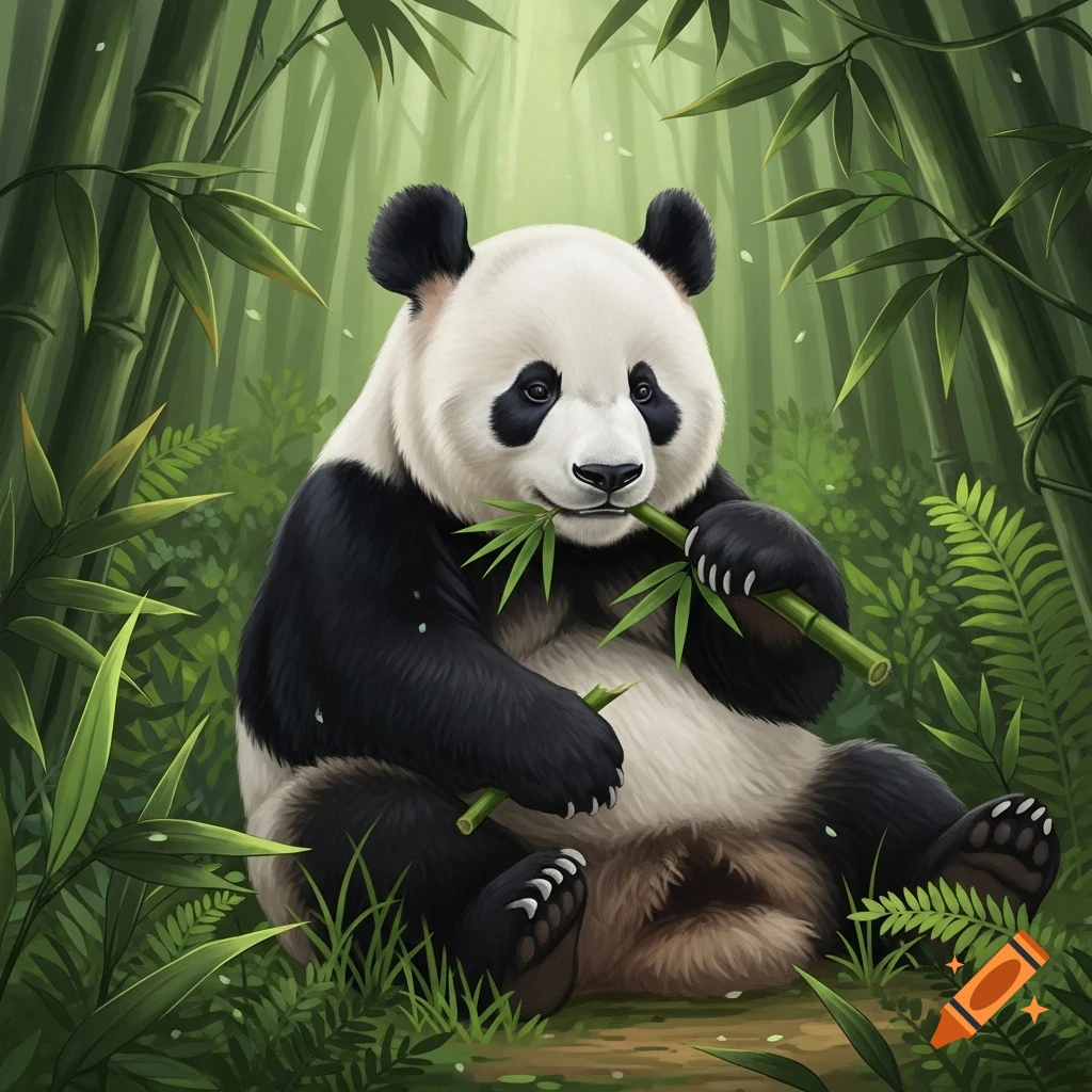 A fluffy giant panda sits in a lush green bamboo forest, munching on a ...