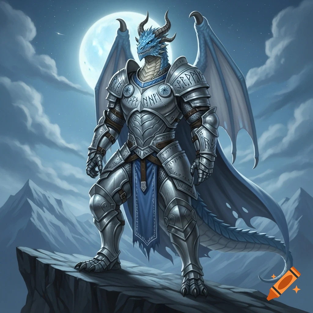 Illustrative fantasy art of a light blue-scaled dragonborn paladin in shining silver full plate armor, standing on a cliff under a full moon.