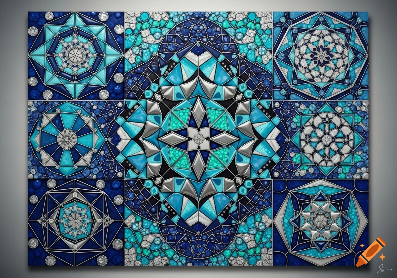 Intricate mosaic art with geometric patterns in blue, turquoise, and silver, adorned with sparkling jewels.