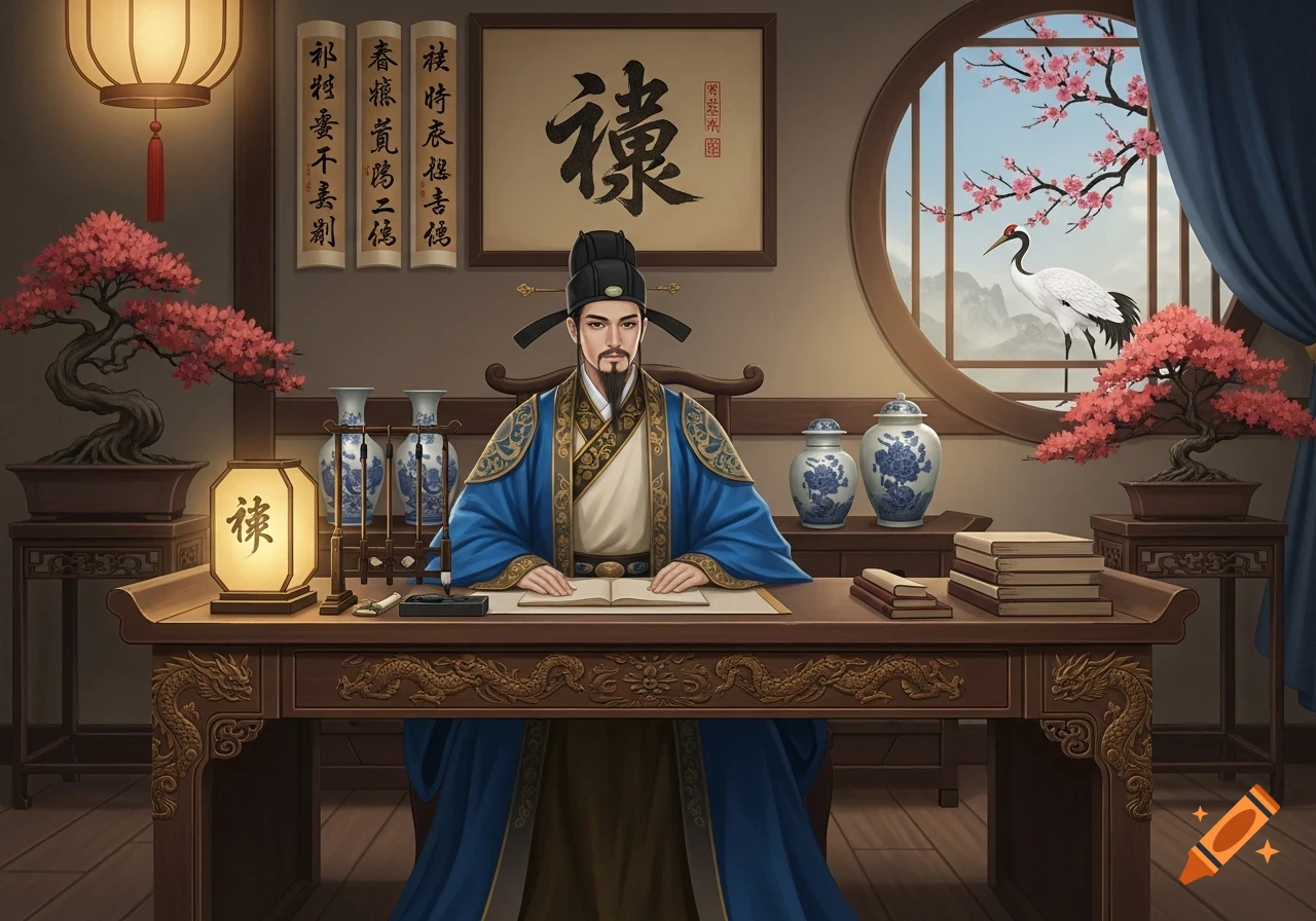 A man in traditional blue and gold Chinese robes sits at an ornate wooden desk with an open book, surrounded by cultural artifacts, a bonsai tree, and a round window overlooking a landscape with a crane and cherry blossoms.
