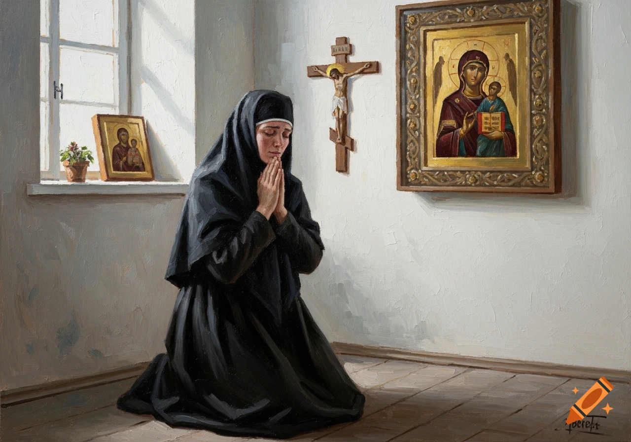 An oil painting of a nun kneeling in prayer in a simple room with a crucifix and icons on the wall, bathed in sunlight.