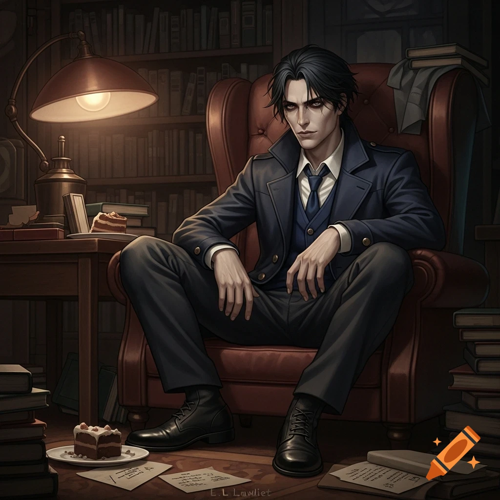 Anime-style man with dark hair and eye makeup in a dark suit sits solemnly in a red armchair in a dim library, a slice of cake on the floor.