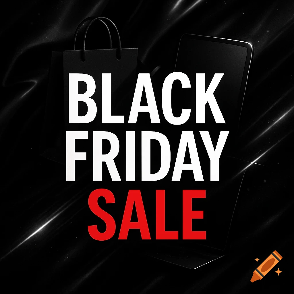 Black Friday Sale text in white and red, with a black shopping bag and laptop on a dark background.