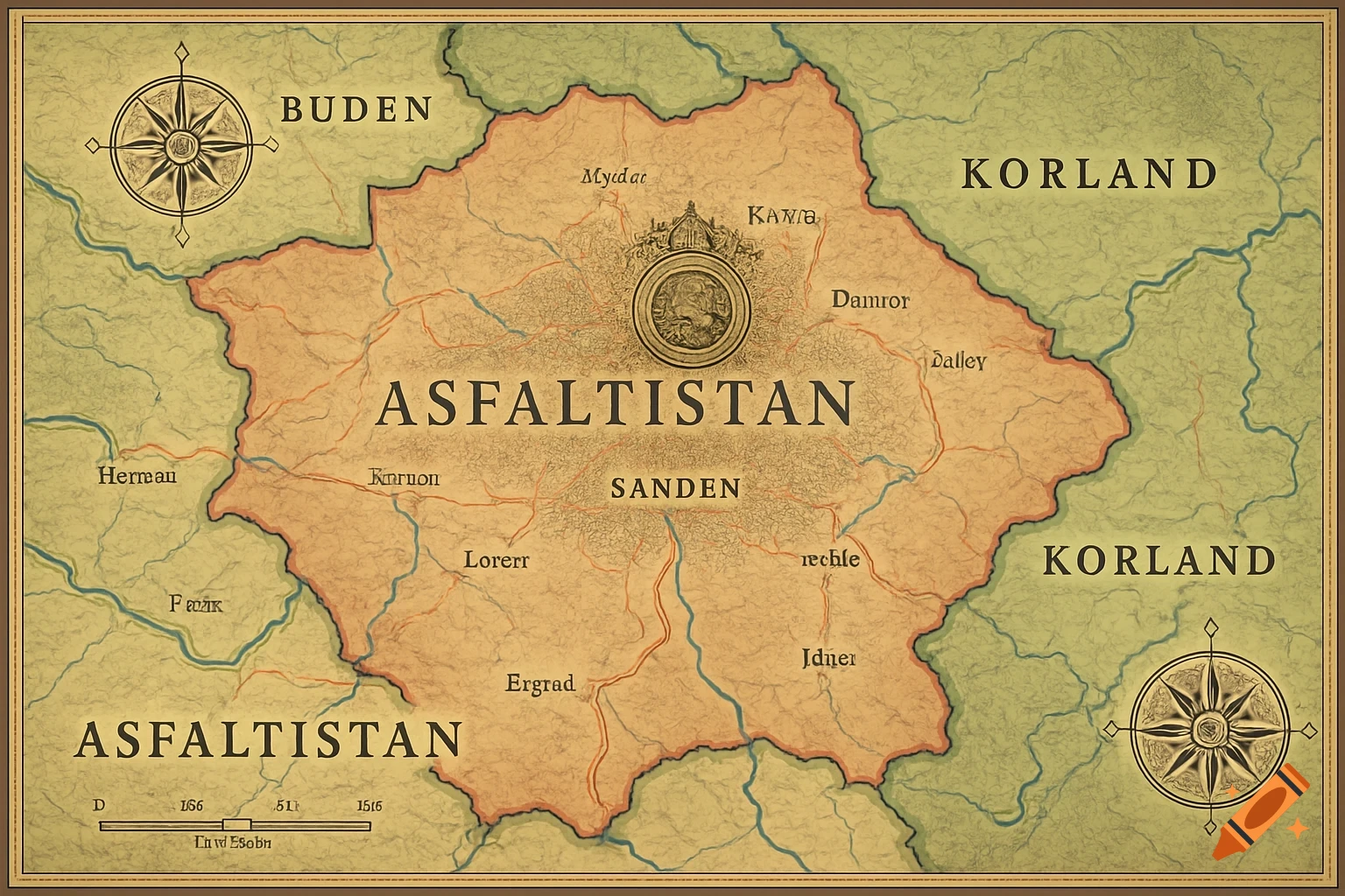 An old-style political map showing the central country Asfaltistan with its capital Sanden, bordered by Buden and Korland. The map has compass roses and relief details.