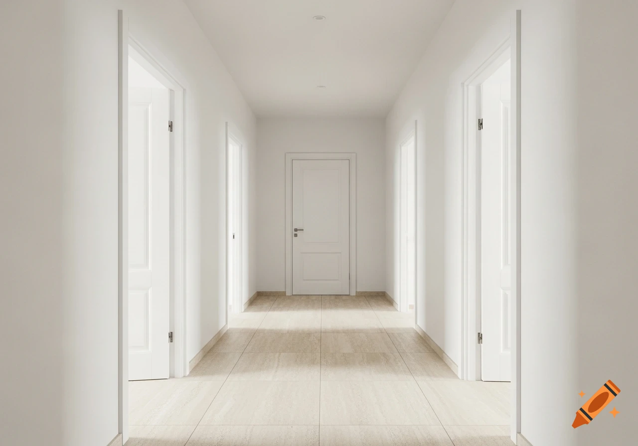 A narrow, bright white hallway with light beige tiled floors. White doors line both sides, and one closed white door stands at the end of the hall.
