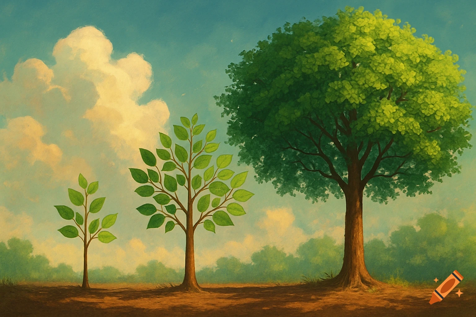Three trees in varying stages of growth, from a sapling to a large mature tree, under a blue sky with clouds, in a painterly style.