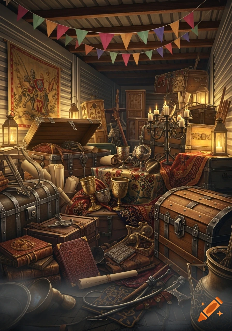 A cluttered medieval storage unit filled with wooden chests, tapestries, golden goblets, candelabras, armor, scrolls, and ancient books.