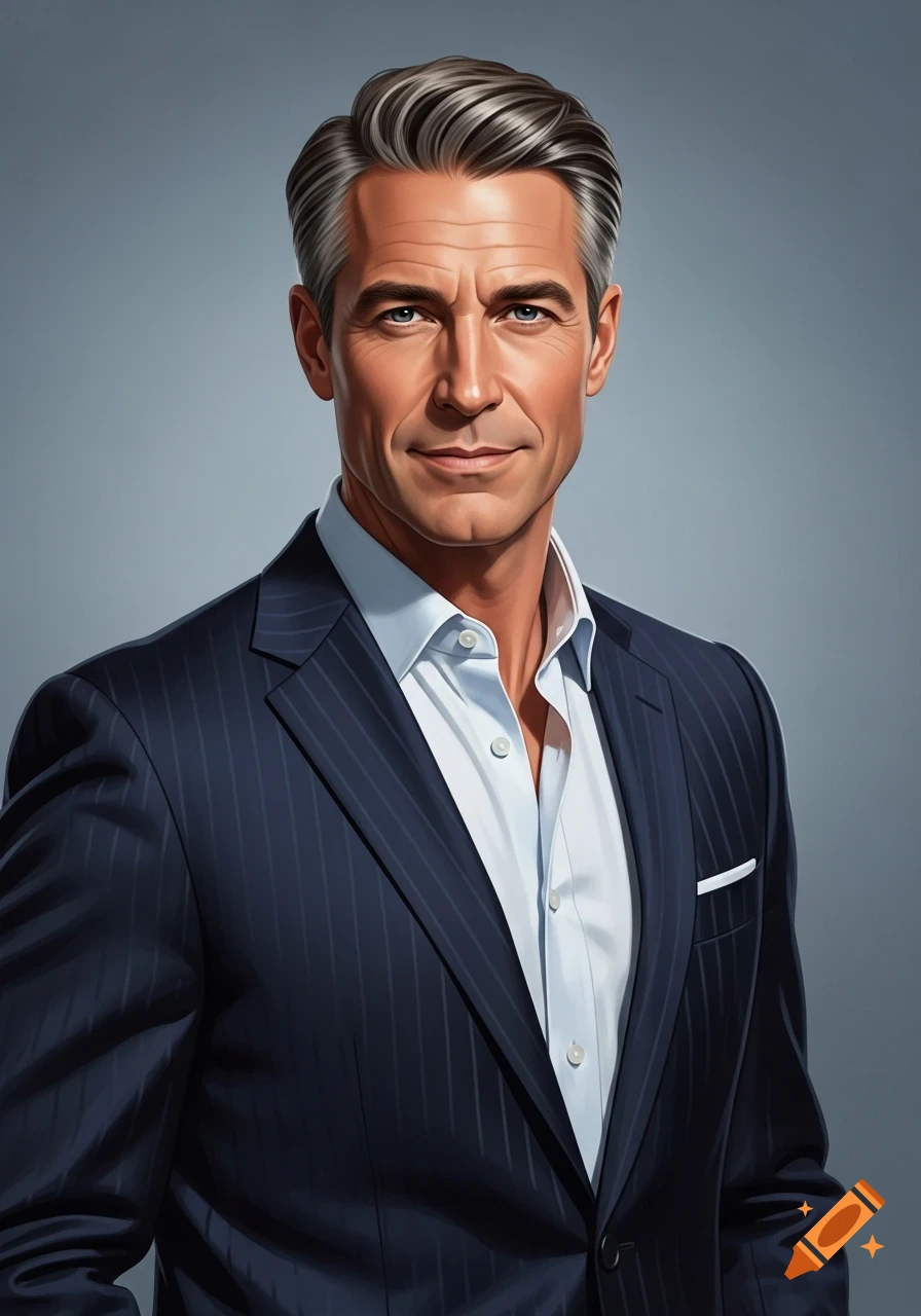 A digitally painted portrait of a professional man with gray hair in a pinstripe suit and white shirt.