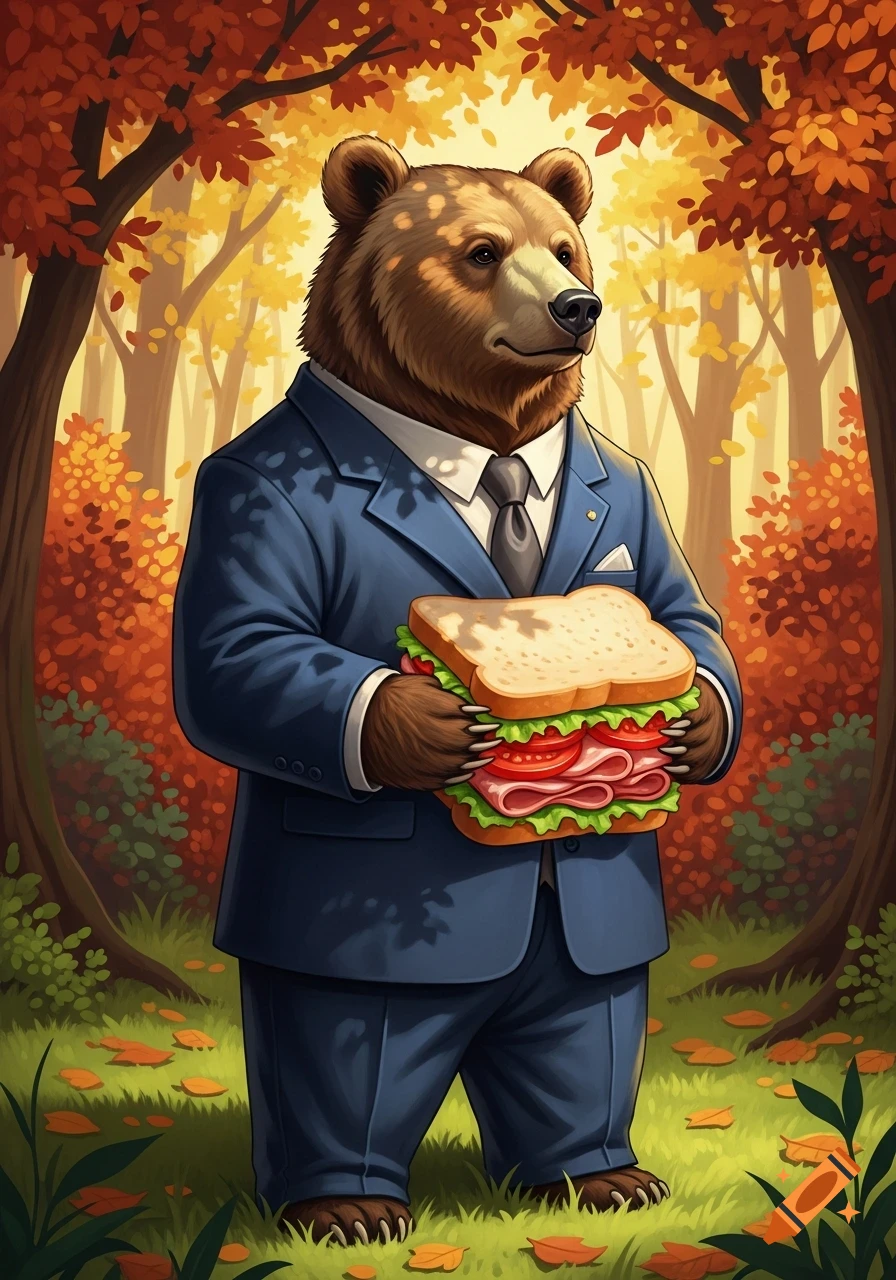 An anthropomorphic bear wearing a blue suit and tie holds a large sandwich while standing in an autumn forest.