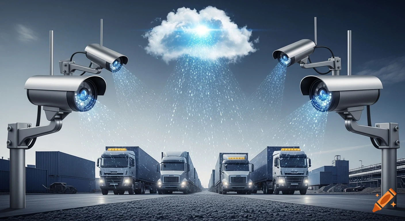 Two security cameras monitor a convoy of four semi-trucks on a road, with data streaming from the cameras and converging into a glowing cloud above.