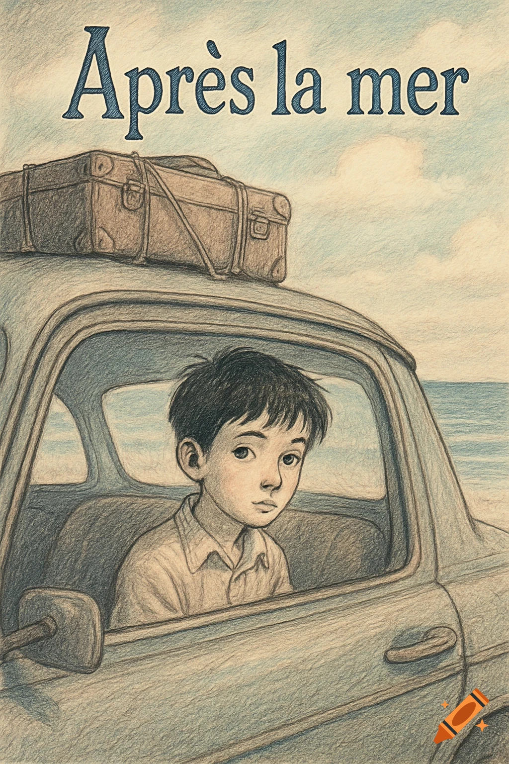 Crayon drawing of a pensive boy in an old car with luggage, sea in the background, titled "Après la mer".
